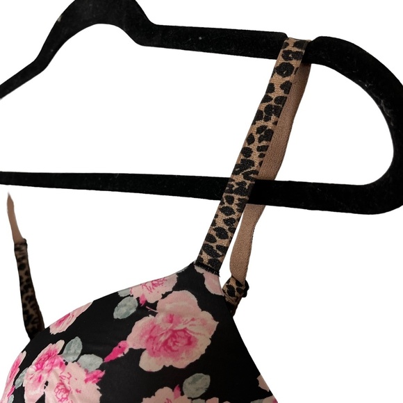 VICTORIA'S SECRET PUSH UP Black Pink Floral Leopard Print Underwire Bra 34DD - Picture 8 of 16